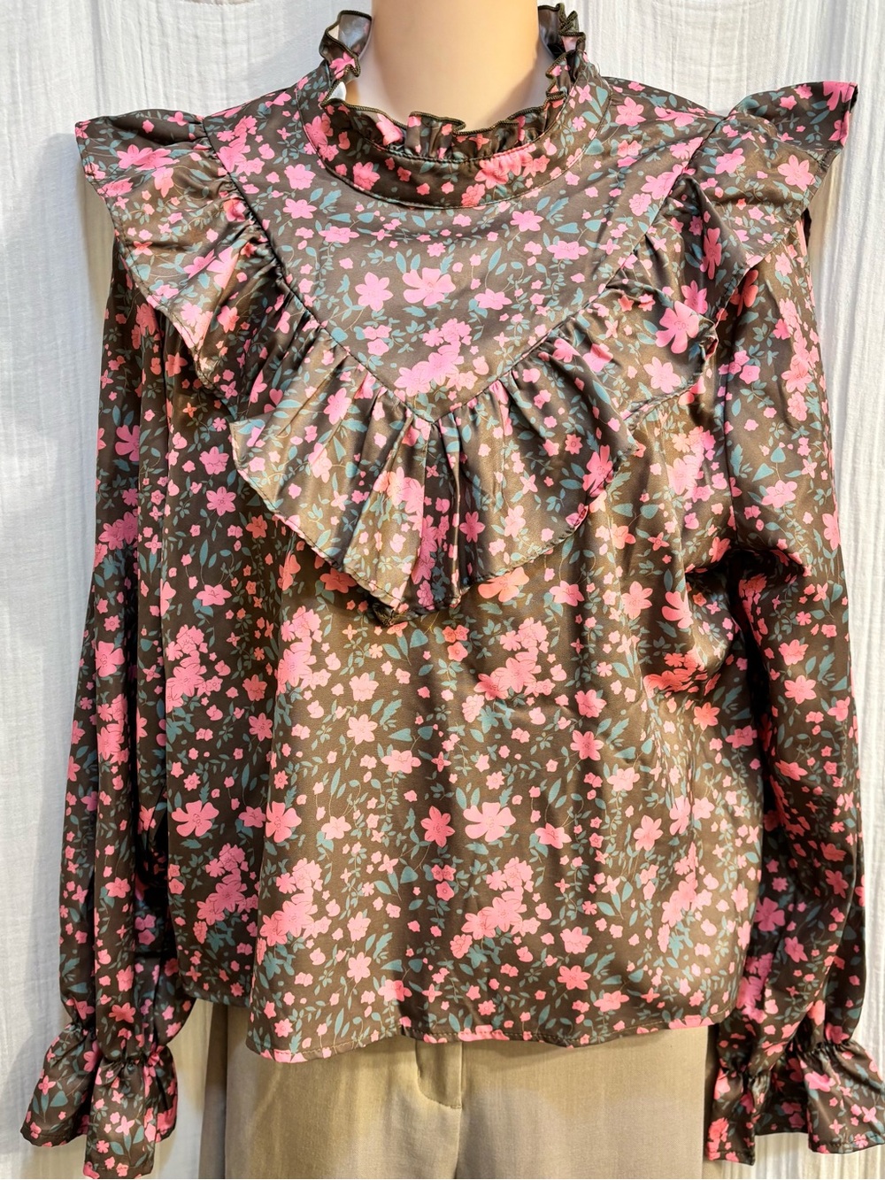 NWT cottage-core Cider Brown Pink Floral Ruffle High Neck Chiffon Blouse L